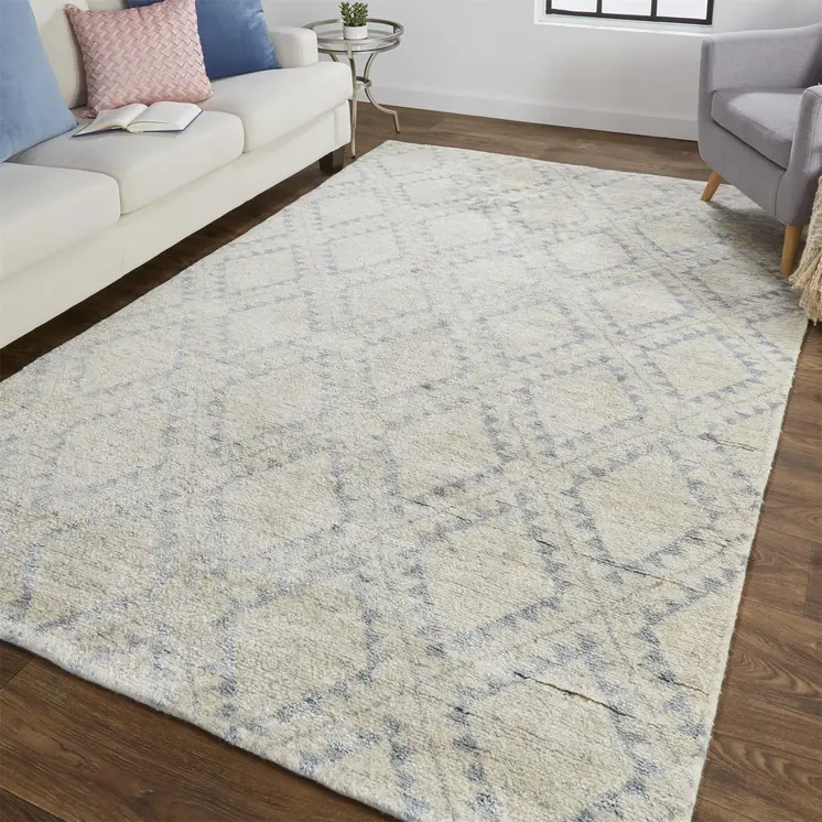 8' X 10' Gray and Ivory Geometric Hand Knotted Worn Faded Area Rug