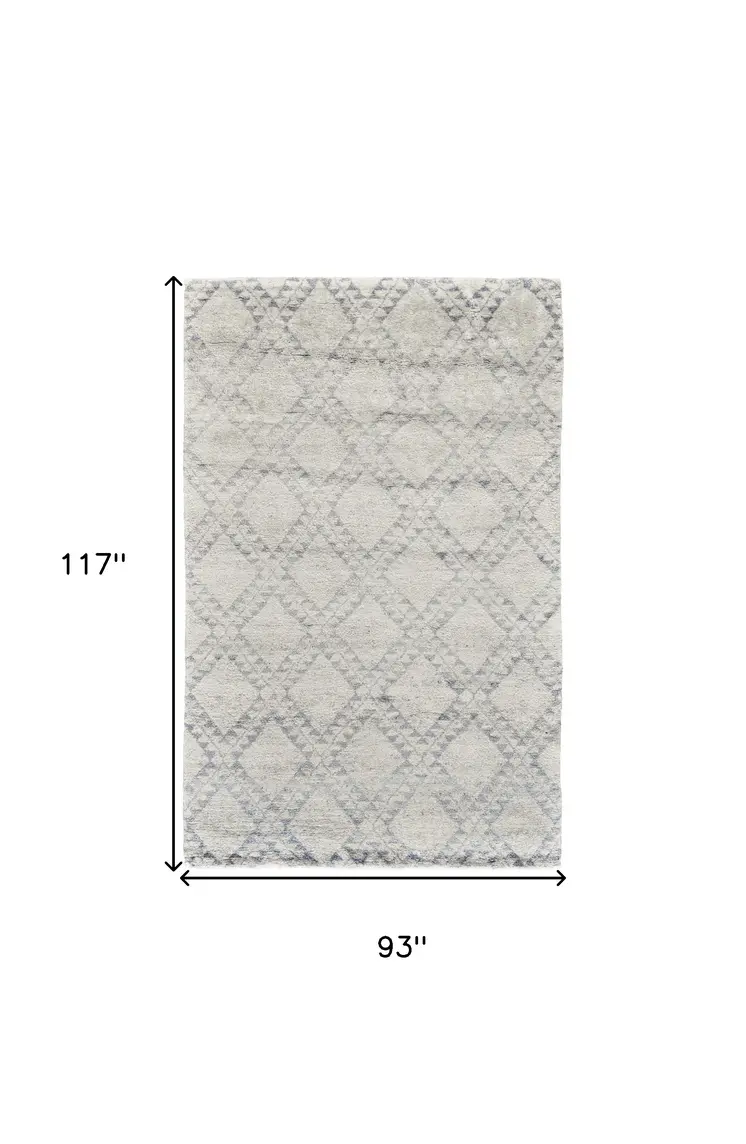 8' X 10' Gray and Ivory Geometric Hand Knotted Worn Faded Area Rug