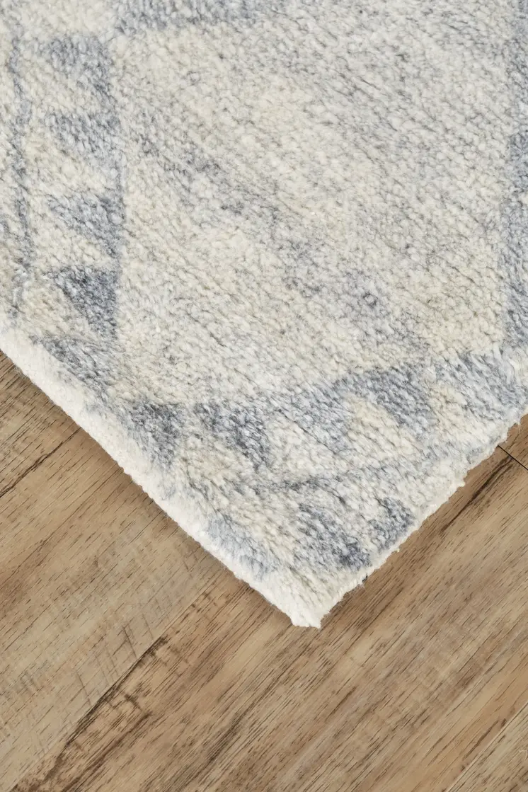 8' Gray and Ivory Geometric Hand Knotted Worn Faded Runner Rug