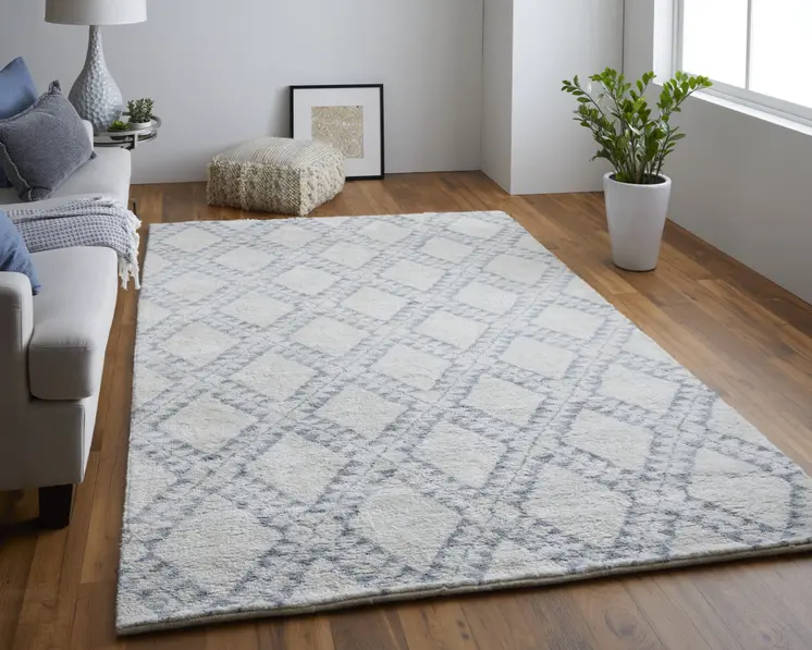 8' Gray and Ivory Geometric Hand Knotted Worn Faded Runner Rug