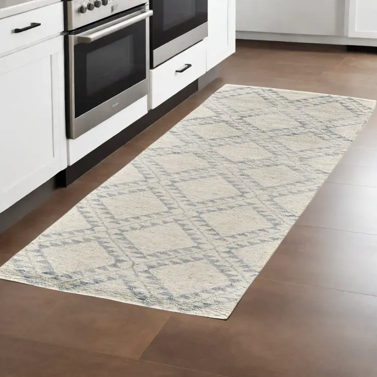 8' Gray and Ivory Geometric Hand Knotted Worn Faded Runner Rug