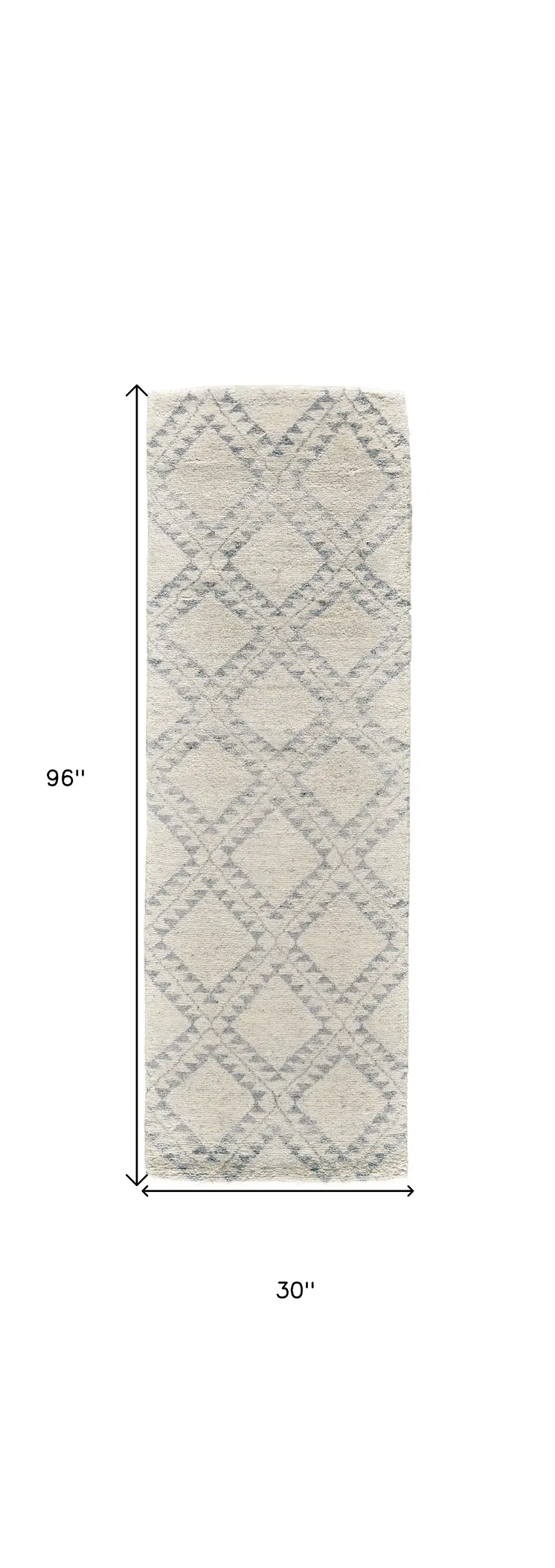 8' Gray and Ivory Geometric Hand Knotted Worn Faded Runner Rug