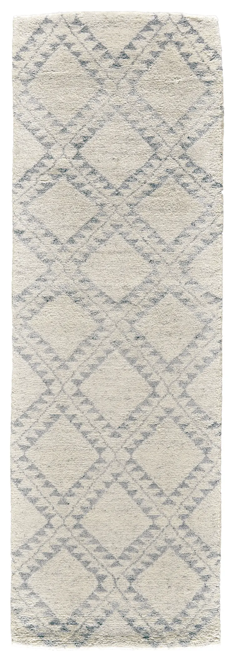 8' Gray and Ivory Geometric Hand Knotted Worn Faded Runner Rug