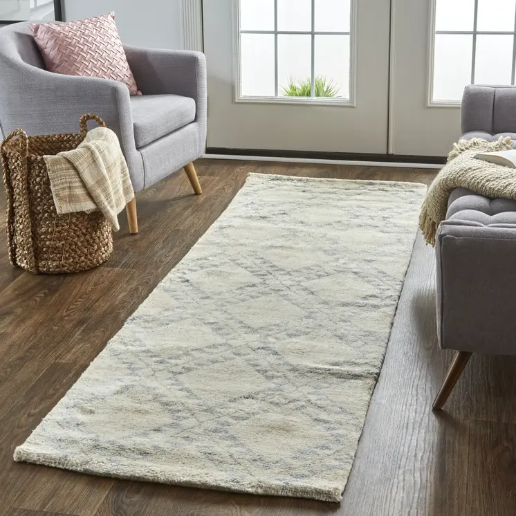 8' Gray and Ivory Geometric Hand Knotted Worn Faded Runner Rug
