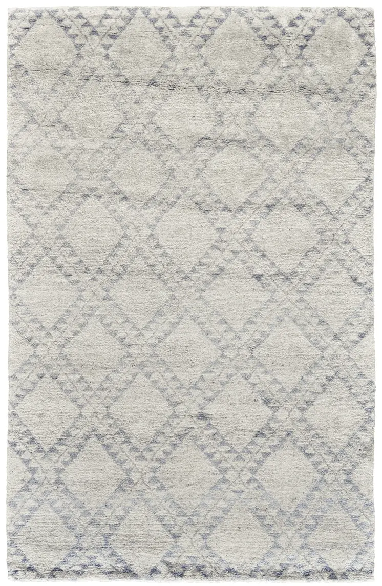 2' X 3' Gray and Ivory Geometric Hand Knotted Worn Faded Area Rug