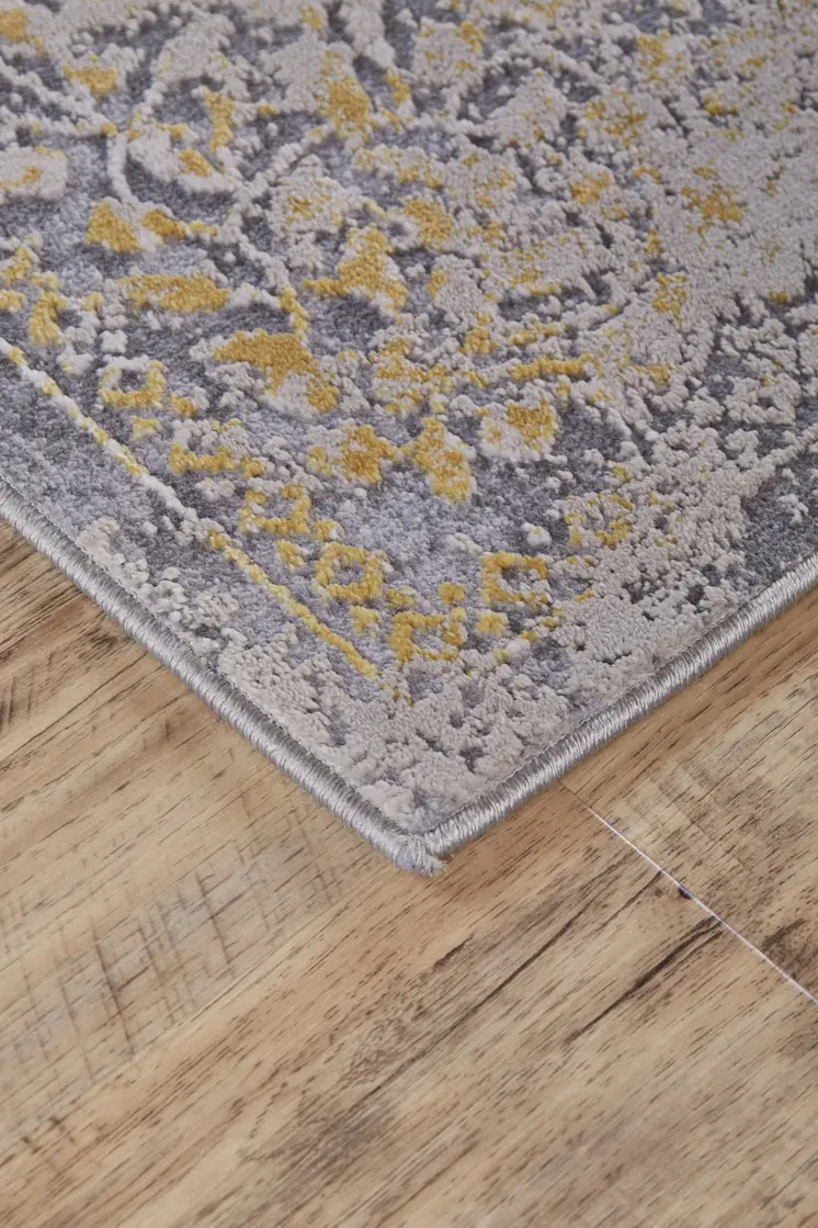 8' Gray and Gold Oriental Power Loom Worn Faded Runner Rug