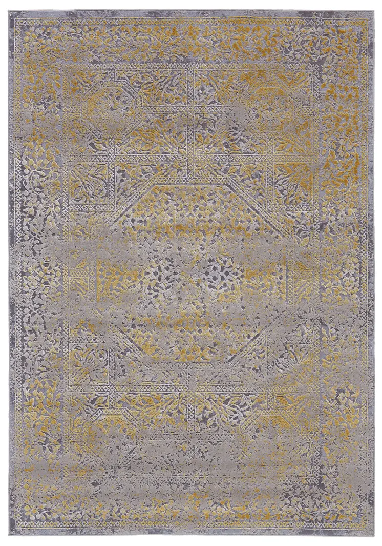 8' Gray and Gold Oriental Power Loom Worn Faded Runner Rug