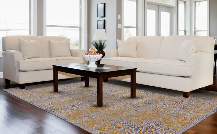 8' Gray and Gold Oriental Power Loom Worn Faded Runner Rug
