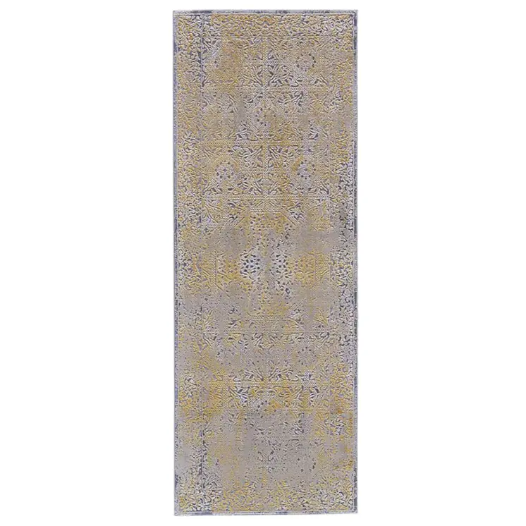 8' Gray and Gold Oriental Power Loom Worn Faded Runner Rug