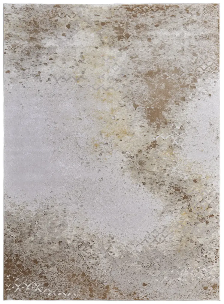 2' X 3' Tan and Ivory Abstract Power Loom Worn Faded Area Rug