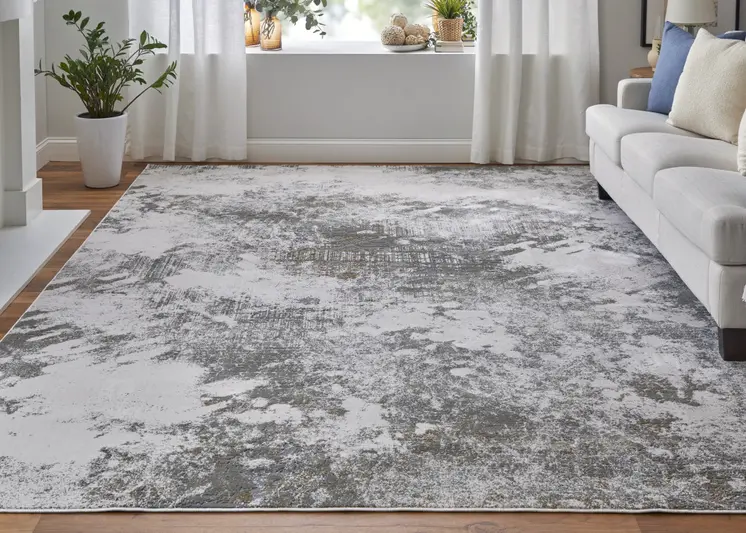 7' X 10' Gray and Silver Abstract Power Loom Worn Faded Area Rug