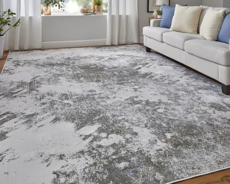 10' X 13' Gray and Silver Abstract Power Loom Worn Faded Area Rug