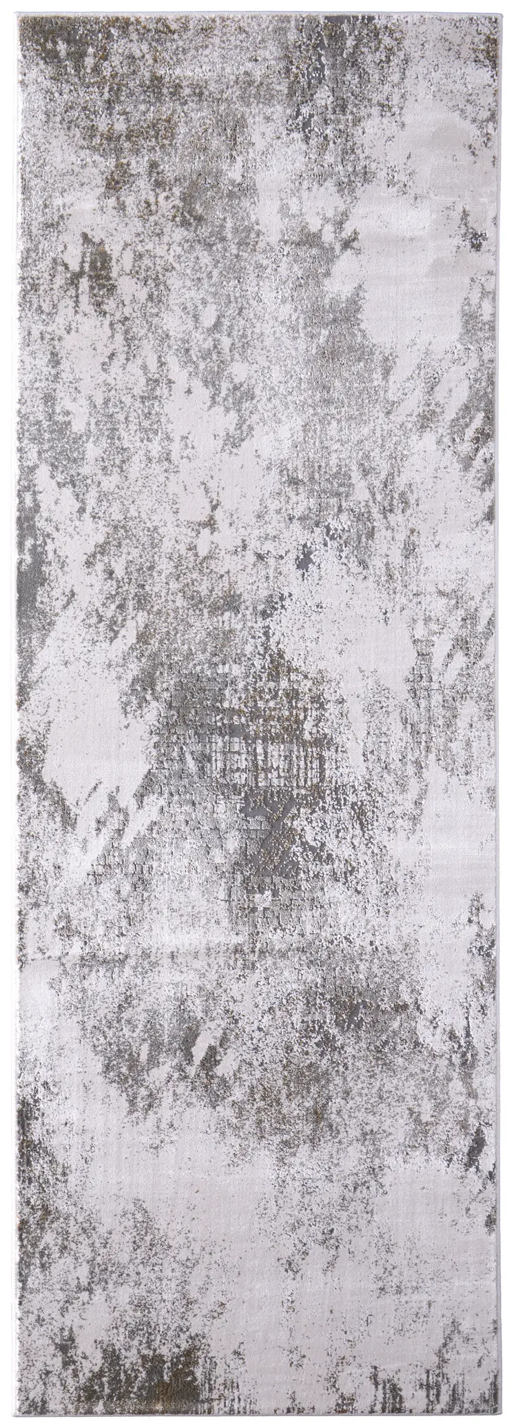 8' Gray and Silver Abstract Power Loom Worn Faded Runner Rug