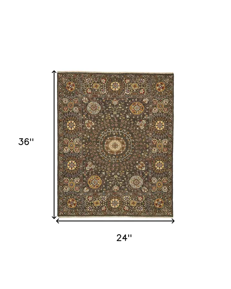 2' X 3' Brown and Gold Wool Geometric Hand Knotted Area Rug