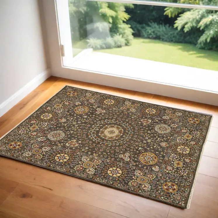 2' X 3' Brown and Gold Wool Geometric Hand Knotted Area Rug