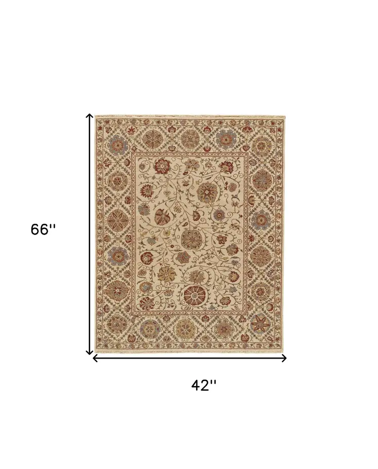 4' X 6' Red Tan and Gold Wool Oriental Hand Knotted Area Rug