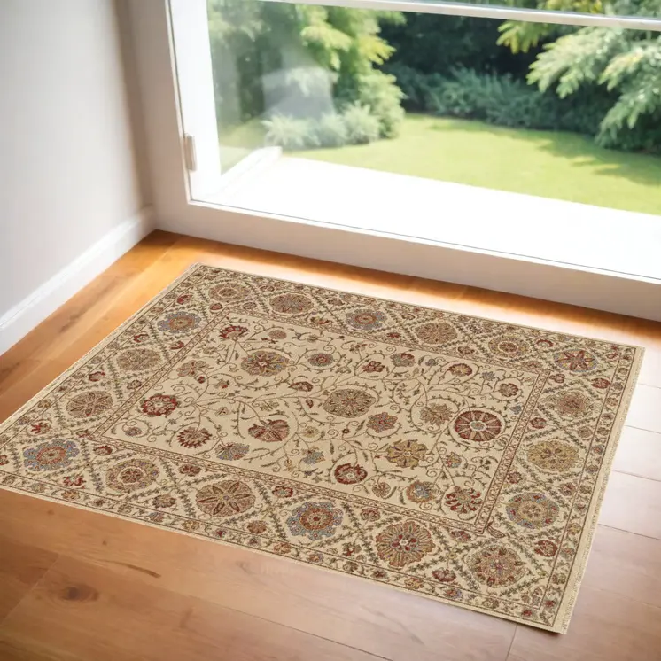 2' X 3' Red Tan and Gold Wool Oriental Hand Knotted Area Rug