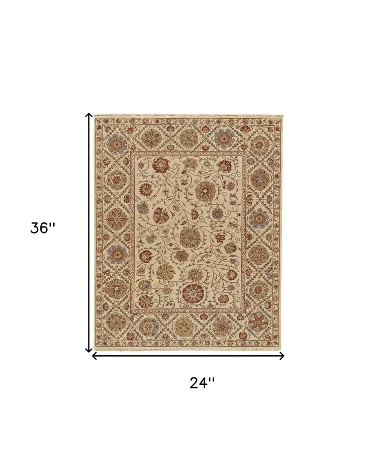 2' X 3' Red Tan and Gold Wool Oriental Hand Knotted Area Rug