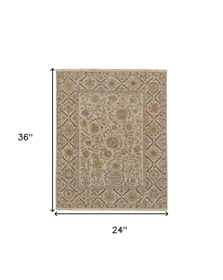 2' X 3' Tan and Red Wool Oriental Hand Knotted Area Rug