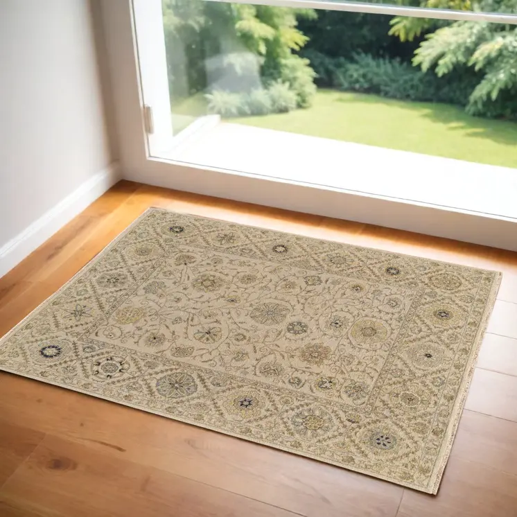 2' X 3' Ivory Blue and Yellow Wool Oriental Hand Knotted Area Rug