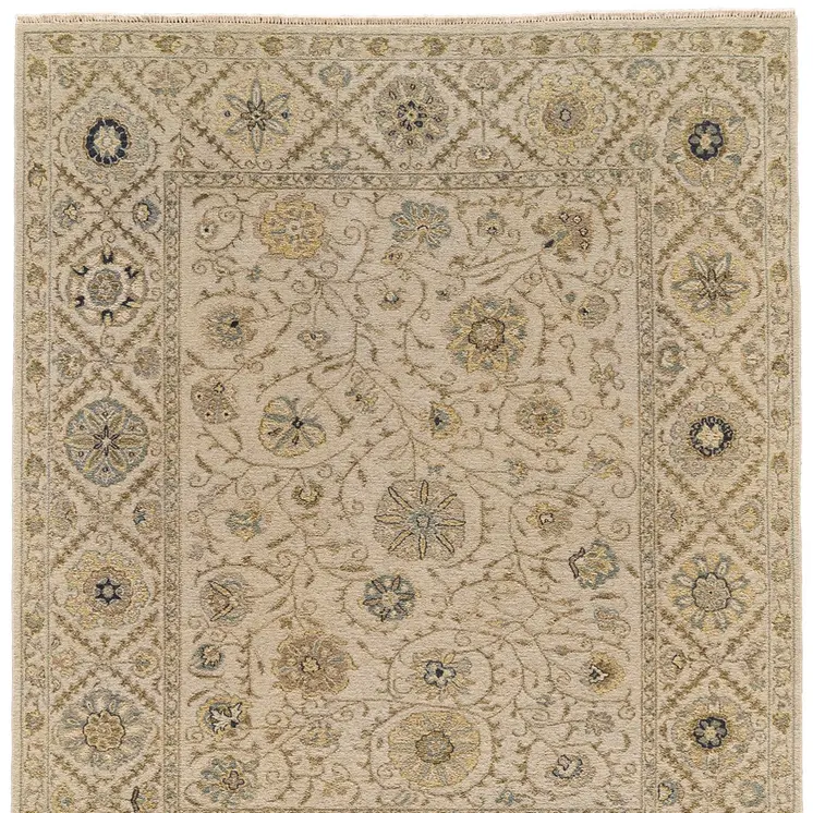 2' X 3' Ivory Blue and Yellow Wool Oriental Hand Knotted Area Rug