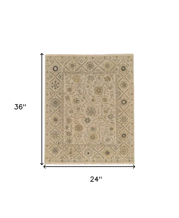 2' X 3' Ivory Blue and Yellow Wool Oriental Hand Knotted Area Rug