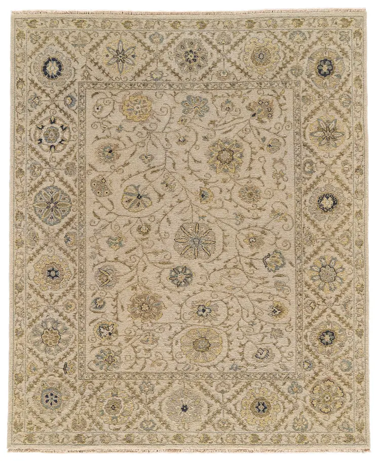 2' X 3' Ivory Blue and Yellow Wool Oriental Hand Knotted Area Rug