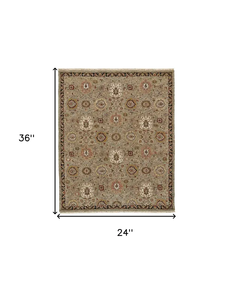 2' X 3' Red Taupe and Gold Wool Oriental Hand Knotted Area Rug