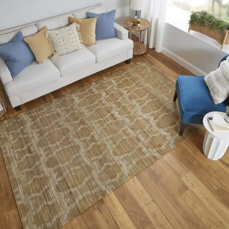 5' X 8' Tan and Ivory Geometric Hand Woven Area Rug