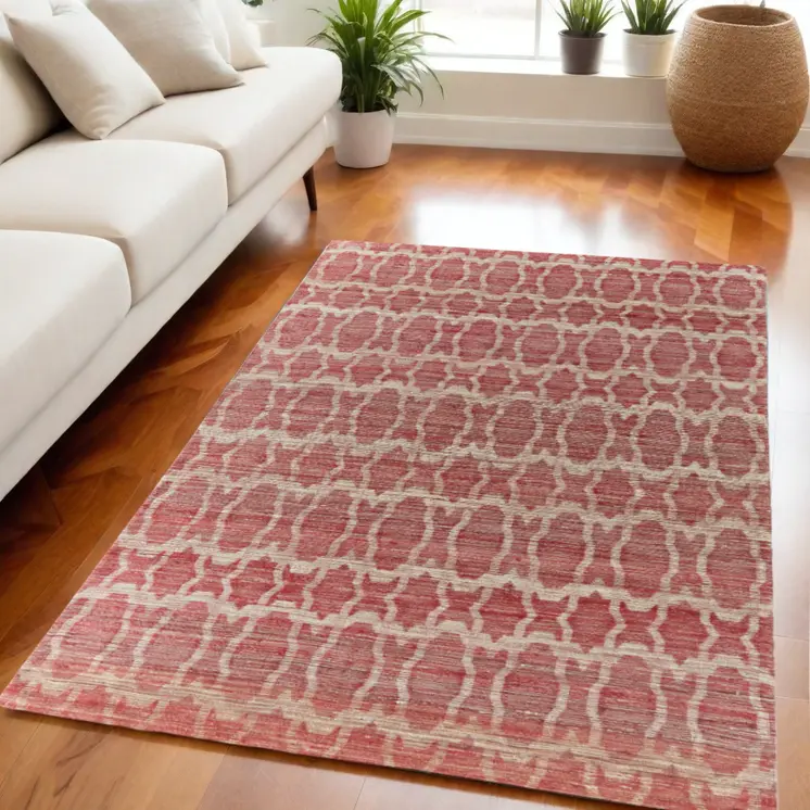 5' X 8' Red and Tan Geometric Hand Woven Area Rug