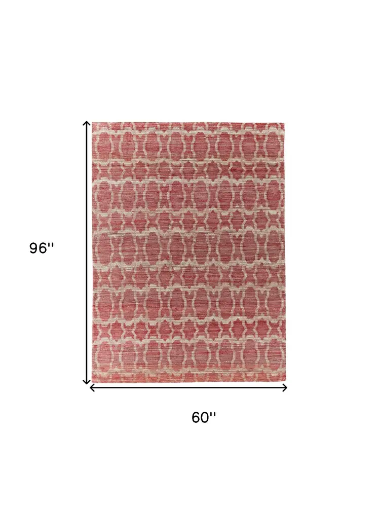 5' X 8' Red and Tan Geometric Hand Woven Area Rug