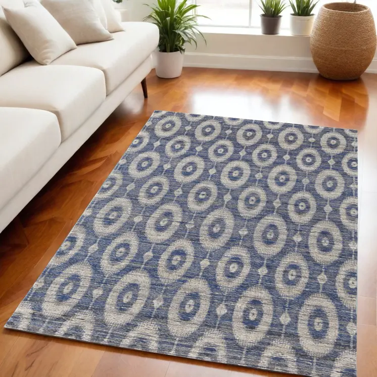 5' X 8' Blue and Tan Geometric Hand Woven Area Rug