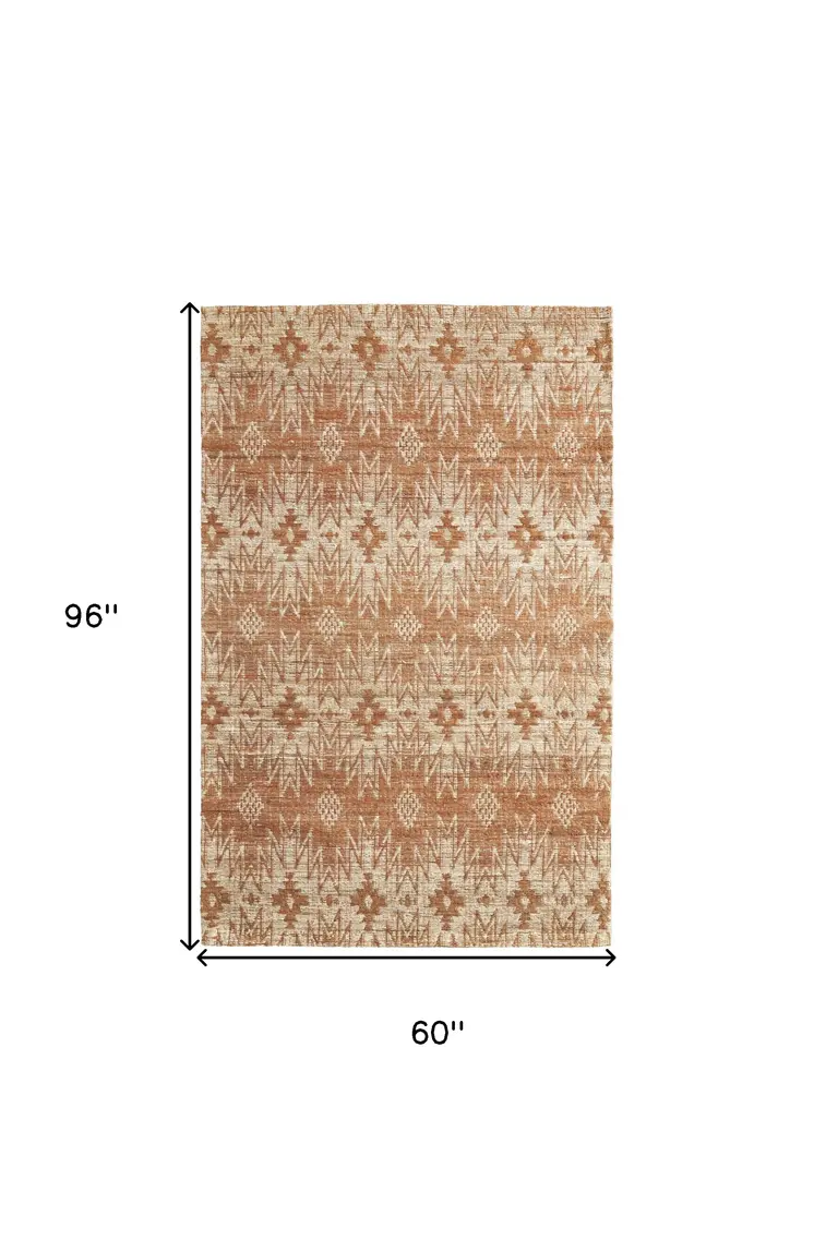 5' X 8' Orange and Tan Geometric Hand Woven Area Rug