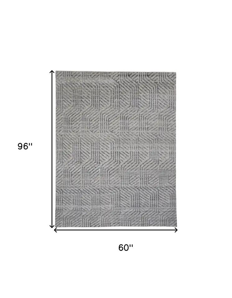 5' X 8' Tan and Gray Wool Geometric Hand Knotted Area Rug