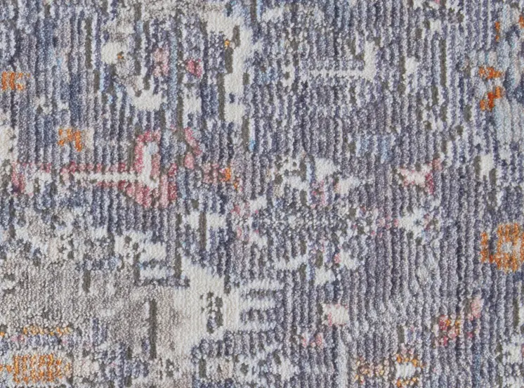 3' X 5' Gray and Blue Floral Power Loom Worn Faded Area Rug With Fringe