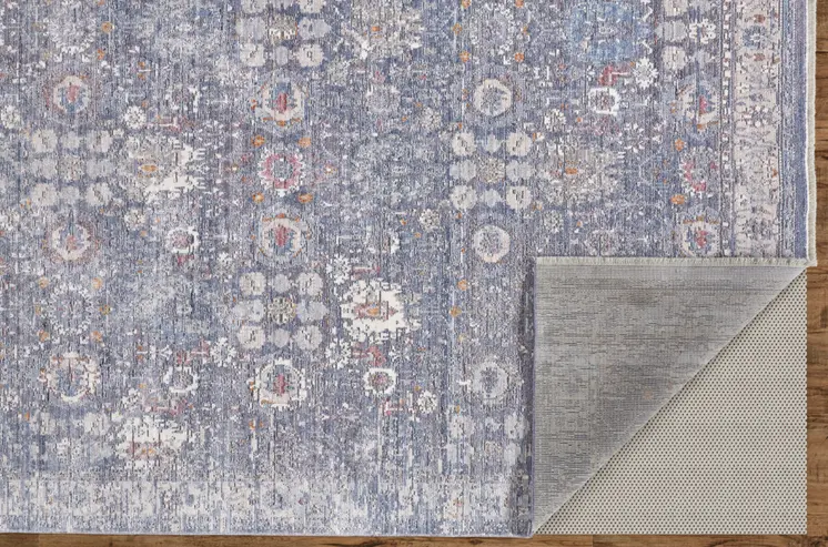 3' X 5' Gray and Blue Floral Power Loom Worn Faded Area Rug With Fringe