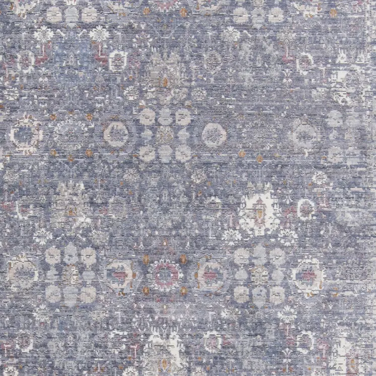 3' X 5' Gray and Blue Floral Power Loom Worn Faded Area Rug With Fringe
