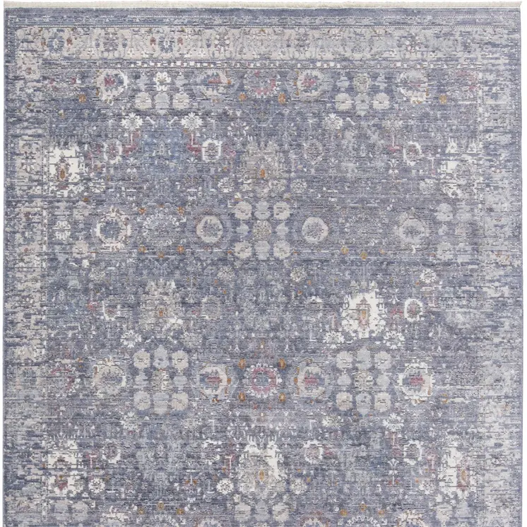3' X 5' Gray and Blue Floral Power Loom Worn Faded Area Rug With Fringe