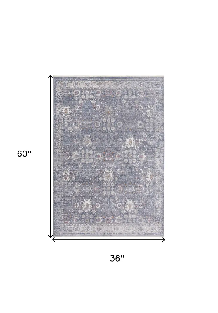 3' X 5' Gray and Blue Floral Power Loom Worn Faded Area Rug With Fringe