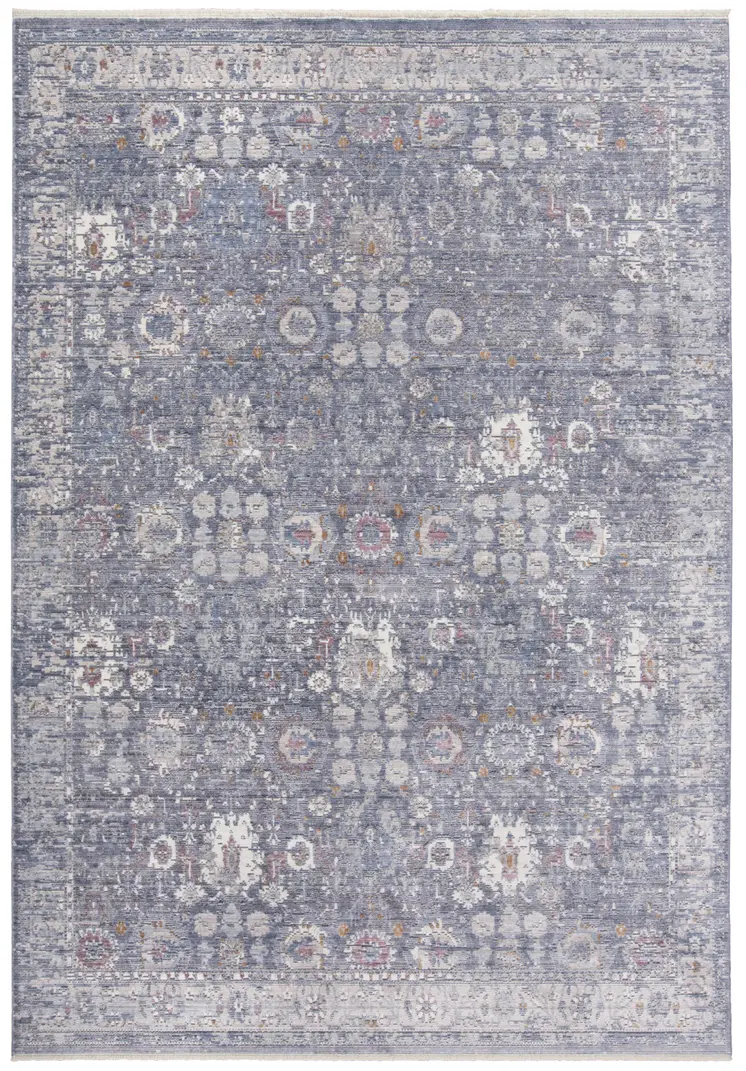3' X 5' Gray and Blue Floral Power Loom Worn Faded Area Rug With Fringe