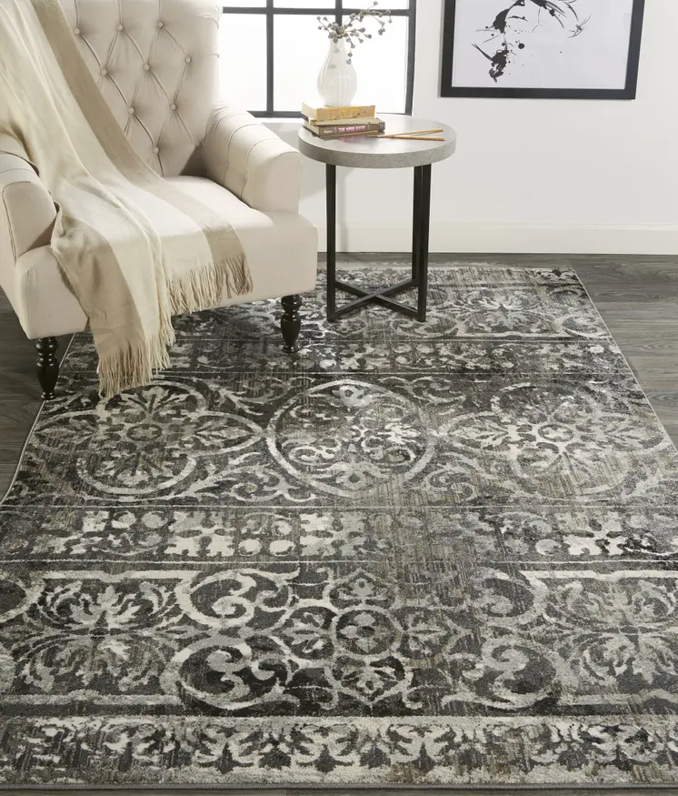 8' X 10' Taupe and Gray Abstract Power Loom Worn Faded Area Rug