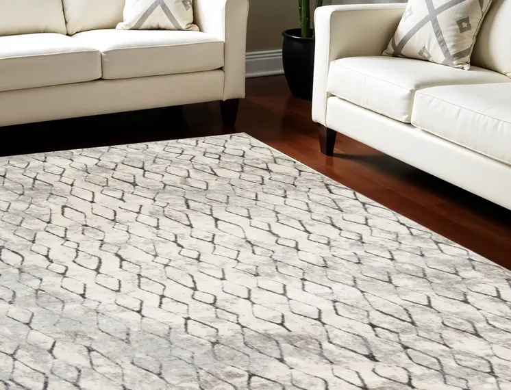 8' X 10' Gray and Ivory Geometric Power Loom Worn Faded Area Rug