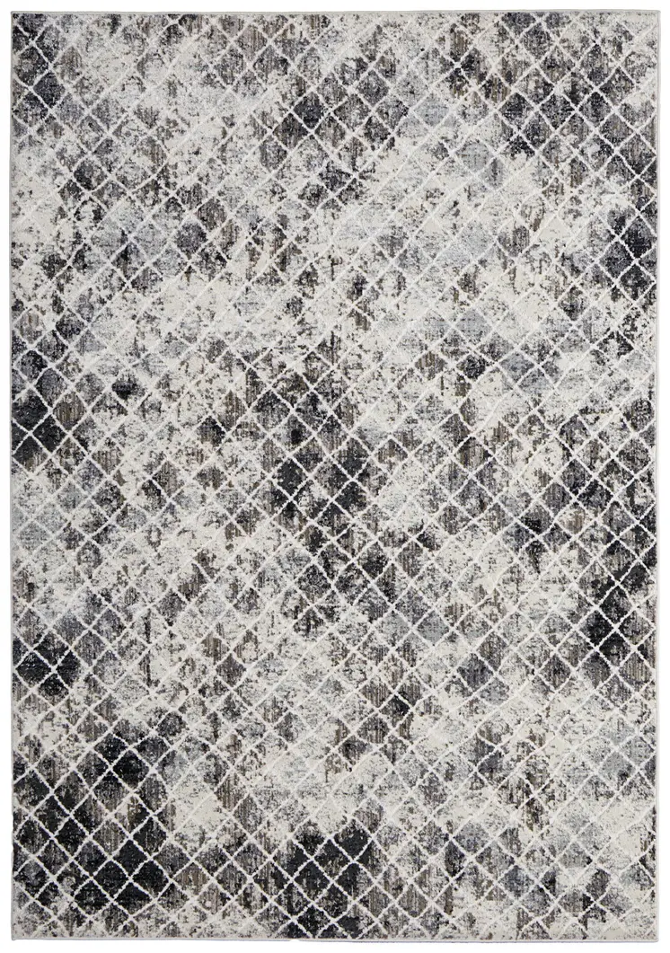 8' X 10' Gray Ivory and Taupe Geometric Power Loom Worn Faded Area Rug