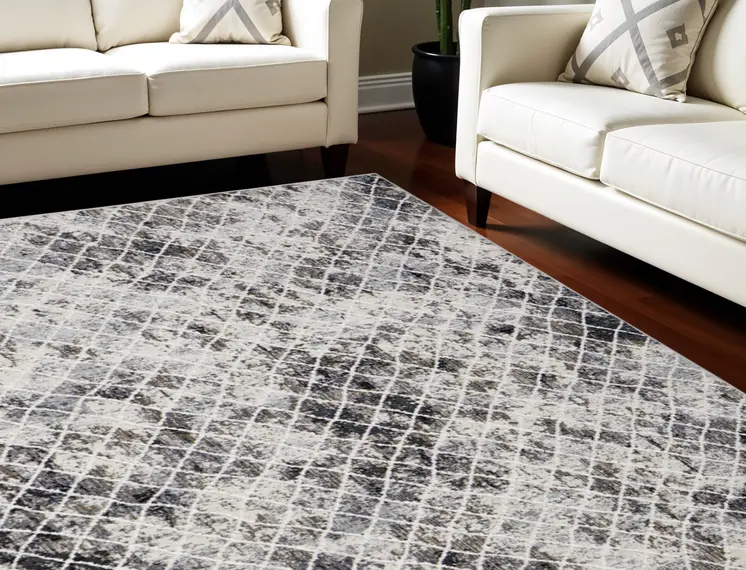 8' X 10' Gray Ivory and Taupe Geometric Power Loom Worn Faded Area Rug