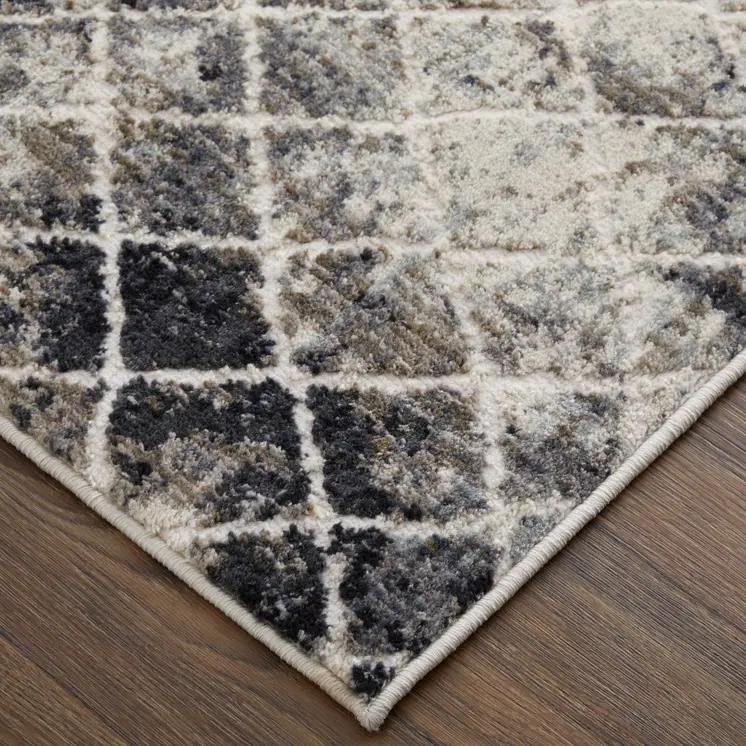 8' X 10' Gray Ivory and Taupe Geometric Power Loom Worn Faded Area Rug