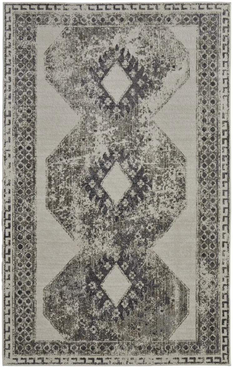 5' X 8' Gray and Ivory Abstract Power Loom Worn Faded Area Rug