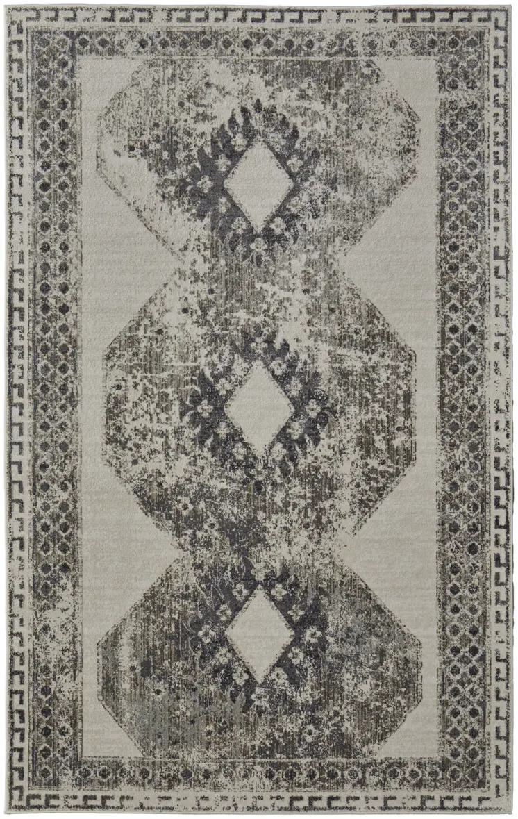 7' X 10' Gray and Ivory Abstract Power Loom Worn Faded Area Rug