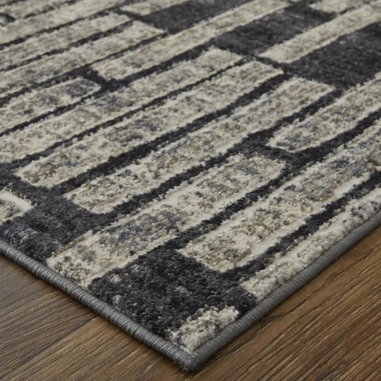 7' X 10' Gray and Black Geometric Power Loom Worn Faded Area Rug