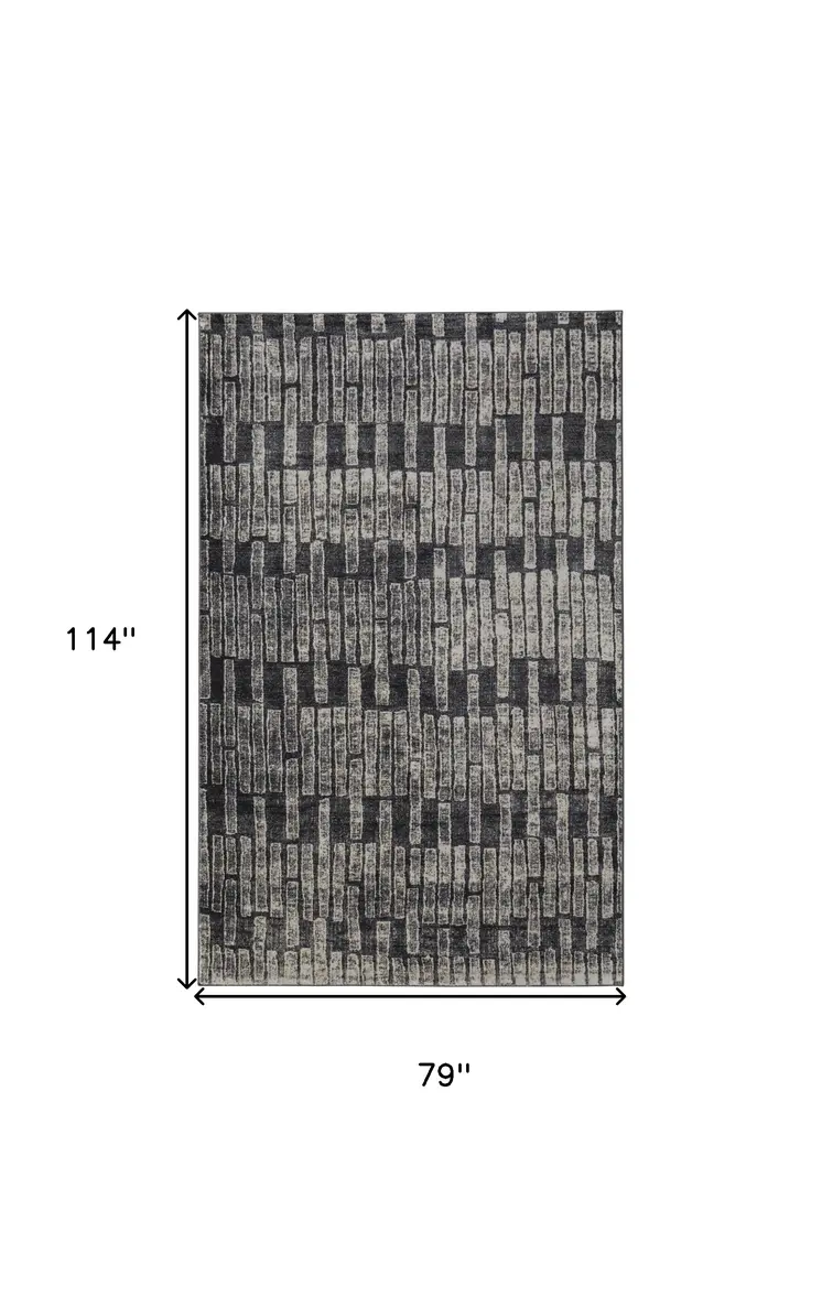 7' X 10' Gray and Black Geometric Power Loom Worn Faded Area Rug