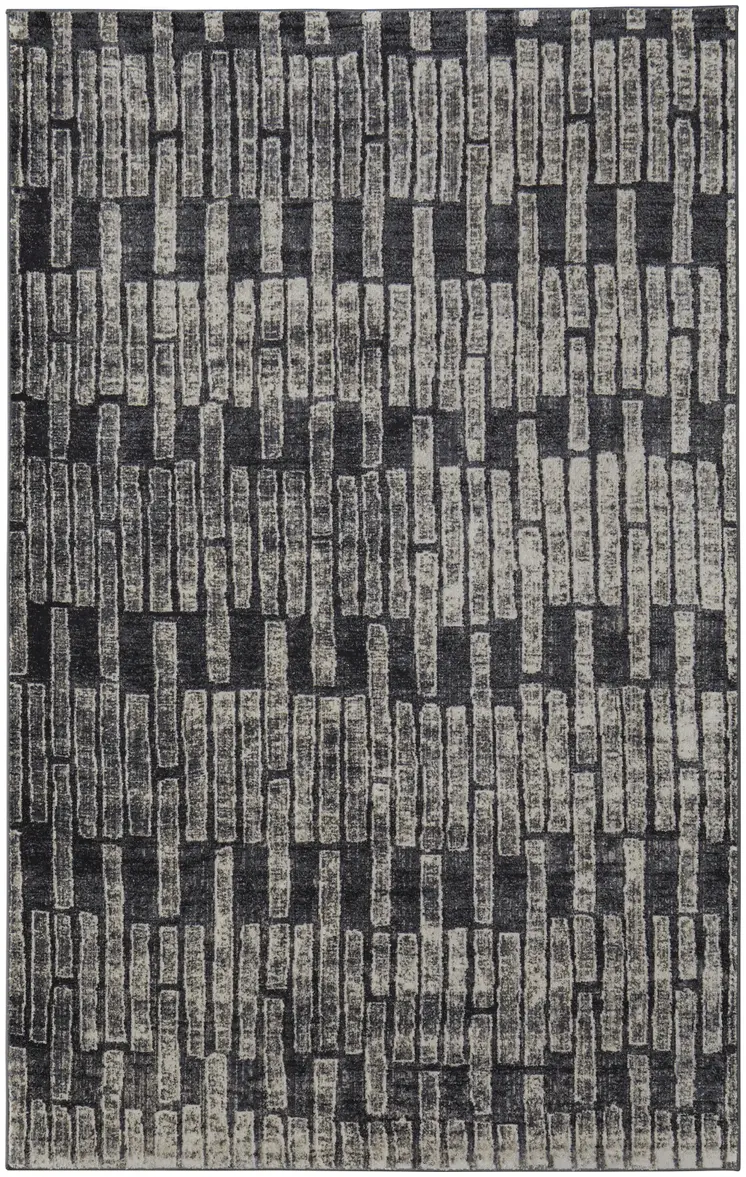 7' X 10' Gray and Black Geometric Power Loom Worn Faded Area Rug